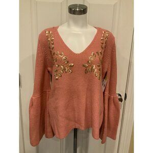 Miss Me Pink Knit Sweater  W/ Gold Sequins & Flounce Sleeves, Size L